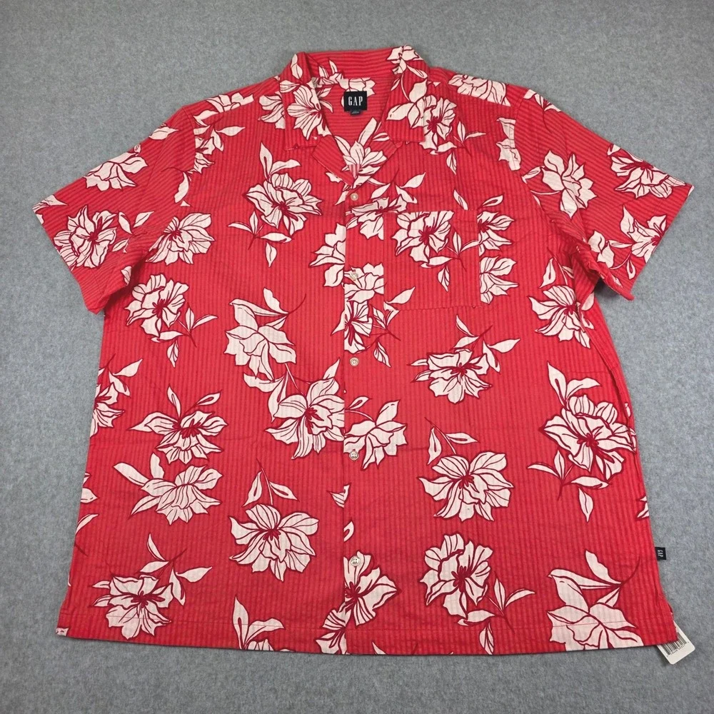 GAP Hawaiian Floral Print Button-Up Shirt Men's‎ XXL Red Short Sleeve Tropical
